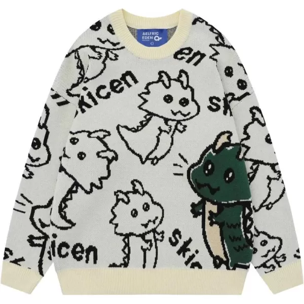 Aelfric Eden Casual Animals Print Long Sleeve Knit Sweater Classic Crewneck Oversized Loose Fit SweaterA02cute Dinosaur amp White