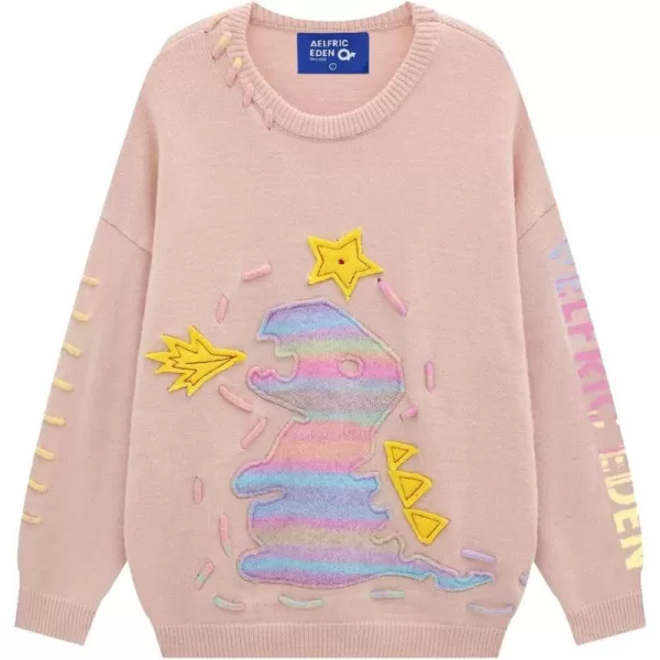 Aelfric Eden Casual Animals Print Long Sleeve Knit Sweater Classic Crewneck Oversized Loose Fit SweaterAa01applique amp Pink