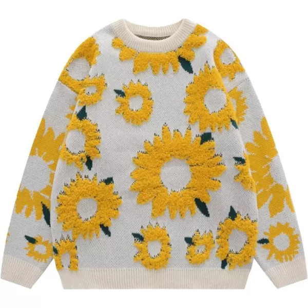 Aelfric Eden Casual Animals Print Long Sleeve Knit Sweater Classic Crewneck Oversized Loose Fit SweaterC01sunflower amp Whiteyellow