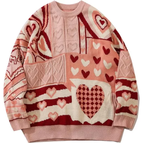 Aelfric Eden Graphic Heart Printed Knit Sweater Long Sleeve Crewneck Oversized Loose Fit Pullover TopsB02pink