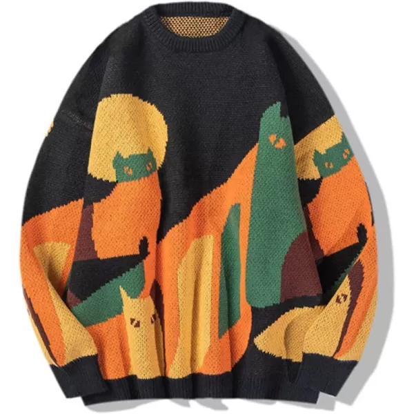 Aelfric Eden Mens Long Sleeve Van Gogh Printed Cable Knit Sweaters Casual Oversized Sweater Pullover002black