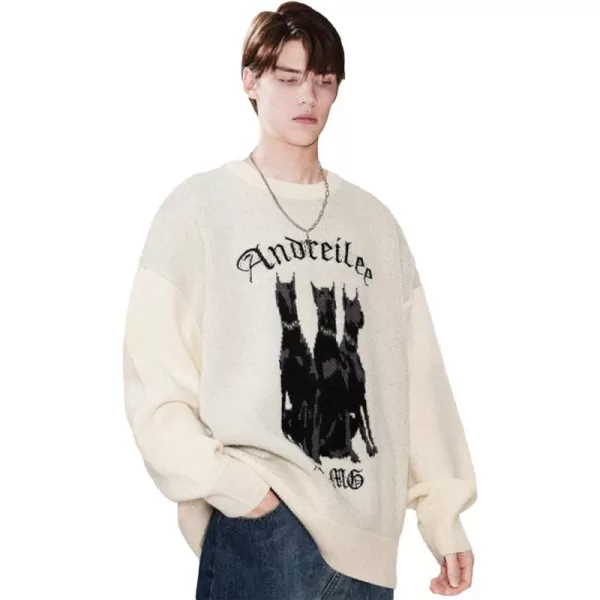 Aelfric Eden Mens Oversized Dinosaur Knit Sweater Vintage Cartoon Pullover Sweater Long Sleeve Christmas Sweater05white