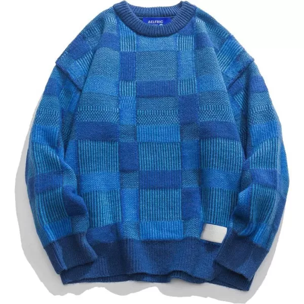 Aelfric Eden Vintage Soft Knit Sweater Autumn Mens Oversized Casual Pullover JumperC01plaidampblue