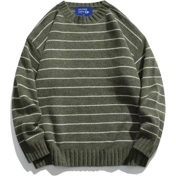 Aelfric Eden Vintage Soft Knit Sweater Autumn Mens Oversized Casual Pullover JumperD02stripes amp Green