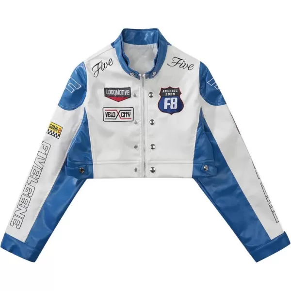 Aelfric Eden Womens Motorcycle Crop Jacket Letter Hiphop Streetwear Vintage Casual Color Block Baseball Varsity CoatsA1blue