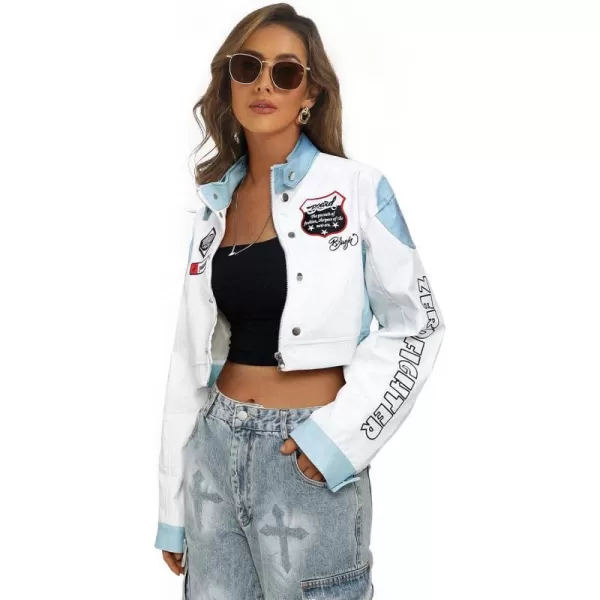 Aelfric Eden Womens Motorcycle Crop Jacket Letter Hiphop Streetwear Vintage Casual Color Block Baseball Varsity CoatsA3blue