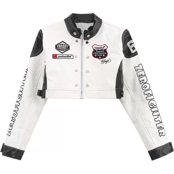 Aelfric Eden Womens Motorcycle Crop Jacket Letter Hiphop Streetwear Vintage Casual Color Block Baseball Varsity CoatsA3white