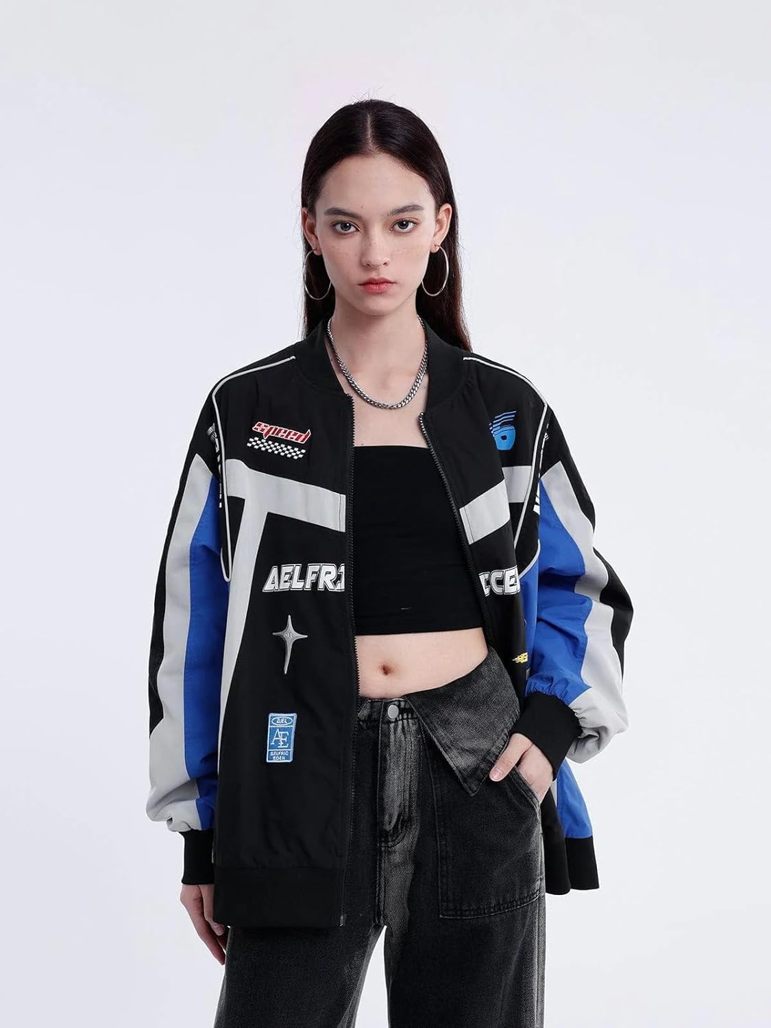 Aelfric Eden Mens Motorcycle Jacket Blackair Moto Varsity Baseball Jacket Women Vintage CoatsBa6color Blocking amp Black