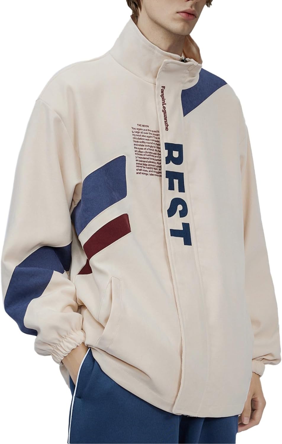 Aelfric Eden Mens Motorcycle Jackets Varsity Jacket Vintage Letter Print Patchwork Jacket Beige Oversized Overcoats01beige