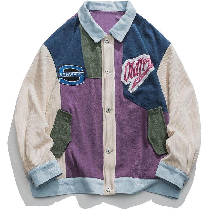 Aelfric Eden Mens Motorcycle Jackets Varsity Jacket Vintage Letter Print Patchwork Jacket Beige Oversized Overcoats01violet