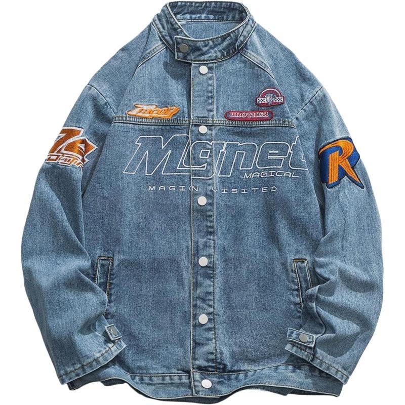 Aelfric Eden Mens Motorcycle Jackets Varsity Jacket Vintage Letter Print Patchwork Jacket Beige Oversized Overcoats04blue
