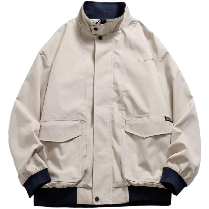 Aelfric Eden Mens Motorcycle Jackets Varsity Jacket Vintage Letter Print Patchwork Jacket Beige Oversized Overcoats05beige