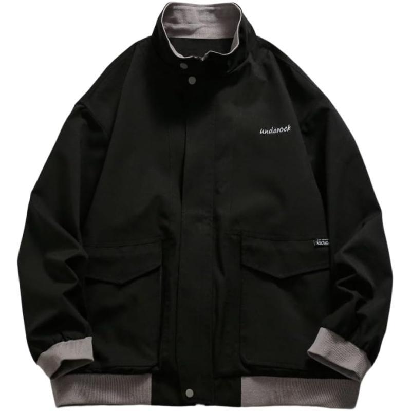 Aelfric Eden Mens Motorcycle Jackets Varsity Jacket Vintage Letter Print Patchwork Jacket Beige Oversized Overcoats05black