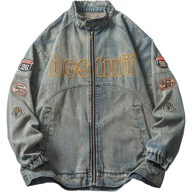 Aelfric Eden Mens Motorcycle Jackets Varsity Jacket Vintage Letter Print Patchwork Jacket Beige Oversized OvercoatsW01blue