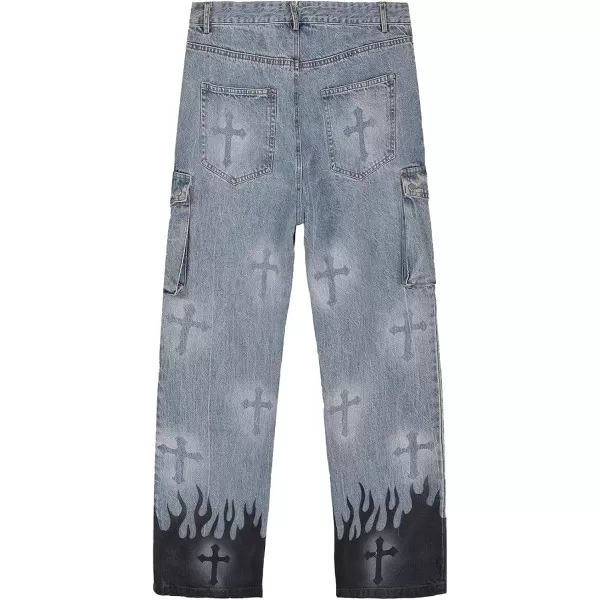 Aelfric Eden Mens Denim Jeans Flame Print Vintage Straight Trousers Streetwear Multi PocketsAelfric Eden Mens Denim Jeans Flame Print Vintage Straight Trousers Streetwear Multi Pockets