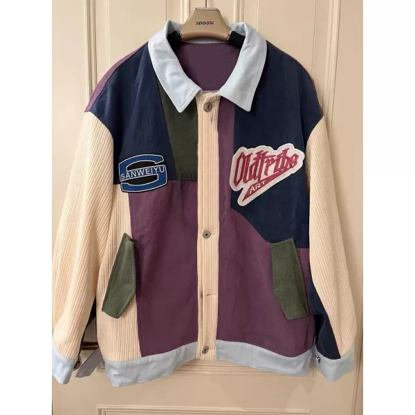 Aelfric Eden Mens Motorcycle Jackets Varsity Jacket Vintage Letter Print Patchwork Jacket Beige Oversized Overcoats01violet