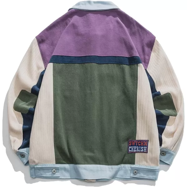 Aelfric Eden Mens Motorcycle Jackets Varsity Jacket Vintage Letter Print Patchwork Jacket Beige Oversized Overcoats01violet