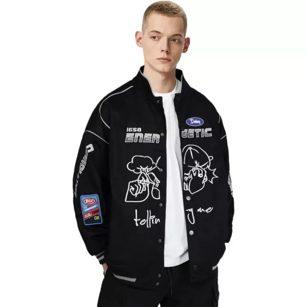 Aelfric Eden Mens Harajuku Graphic Print Varsity Jacket Colorblock Zipper Closure Baseball Coats07 Black