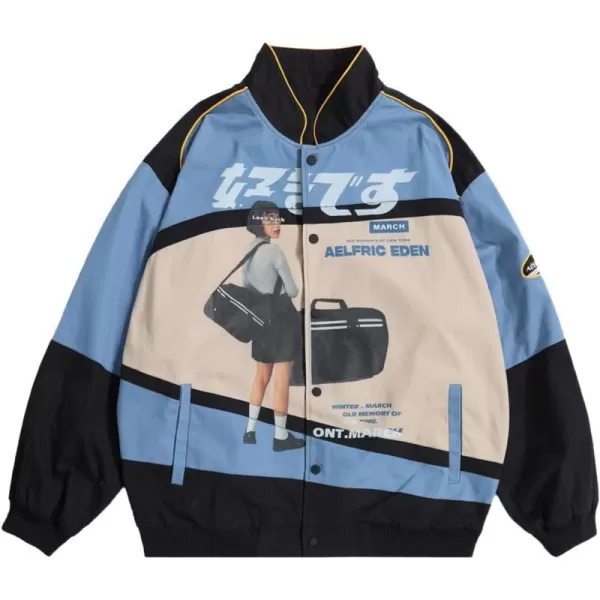 Aelfric Eden Mens Harajuku Graphic Print Varsity Jacket Colorblock Zipper Closure Baseball CoatsBlue