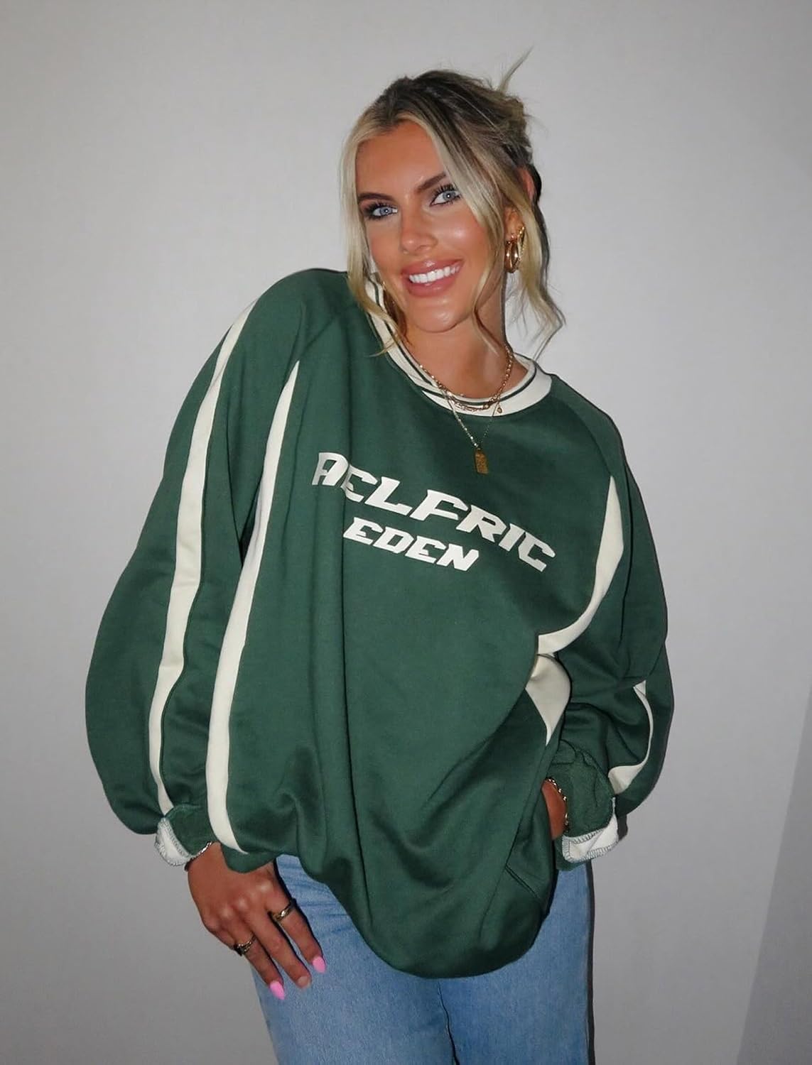 Aelfric Eden Oversized Crewneck Sweatshirts for Men Red Vintage Graphic Pullover Loose Fit Streetwear Long Sleeve TopApatchwork  Green