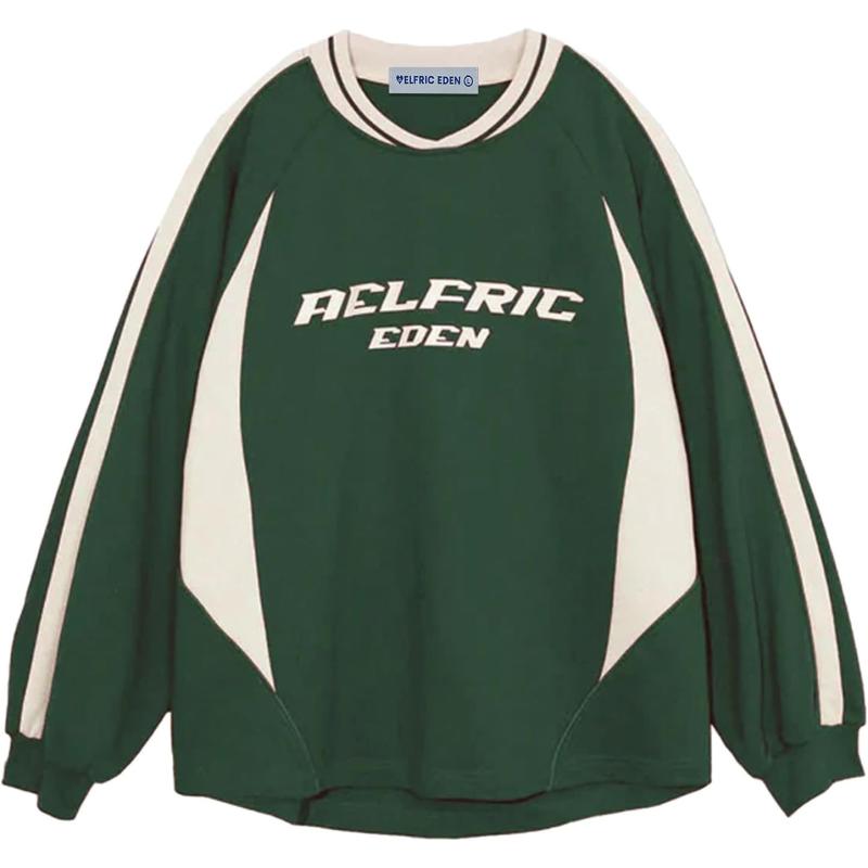 Aelfric Eden Oversized Crewneck Sweatshirts for Men Red Vintage Graphic Pullover Loose Fit Streetwear Long Sleeve TopApatchwork  Green