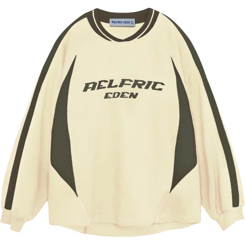 Aelfric Eden Oversized Crewneck Sweatshirts for Men Red Vintage Graphic Pullover Loose Fit Streetwear Long Sleeve TopBeige
