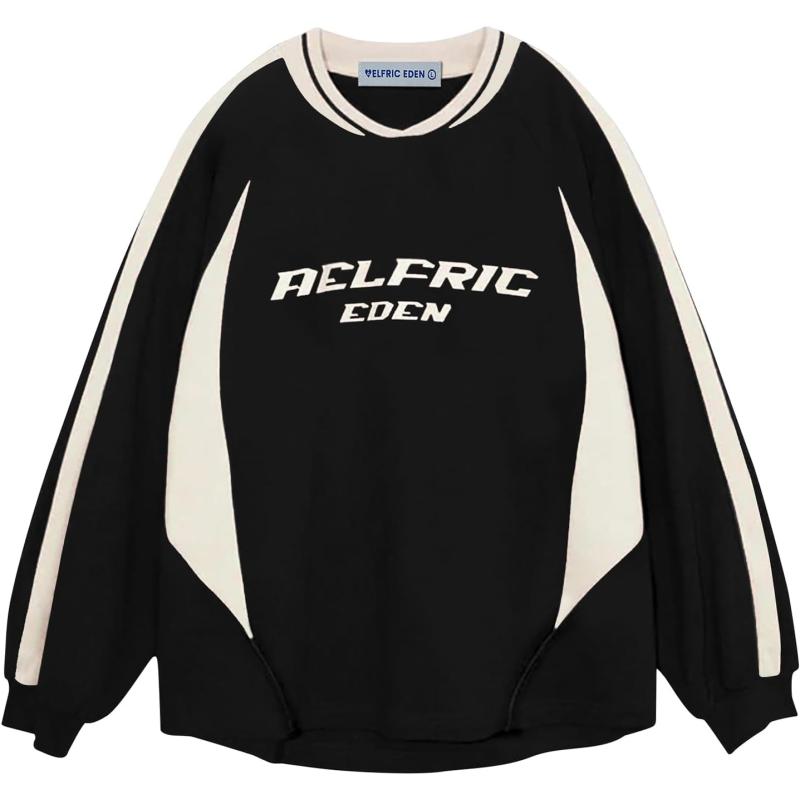 Aelfric Eden Oversized Crewneck Sweatshirts for Men Red Vintage Graphic Pullover Loose Fit Streetwear Long Sleeve TopBlack