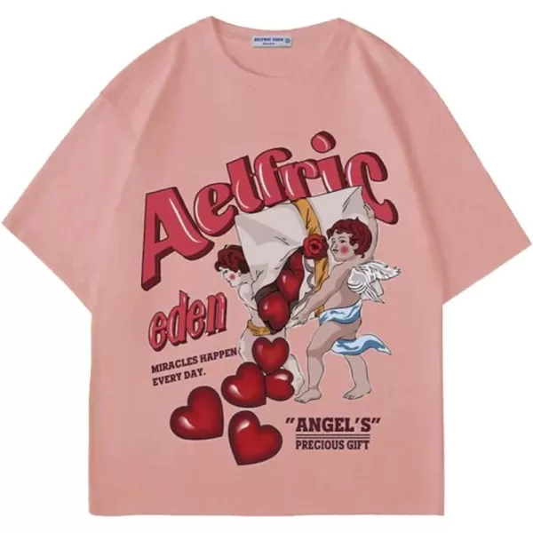 Aelfric Eden Graphic Tees Unisex Oversized T Shirts Heart Print Angel Cartoon Summer TopsPink