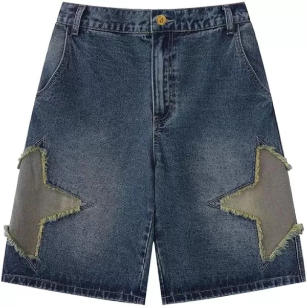 Aelfric Eden Mens Star Patchwork Denim Shorts Mid Rise Stretchy Patchwork Jeans Shorts Casual Denim Shorts StreetwearA07blue