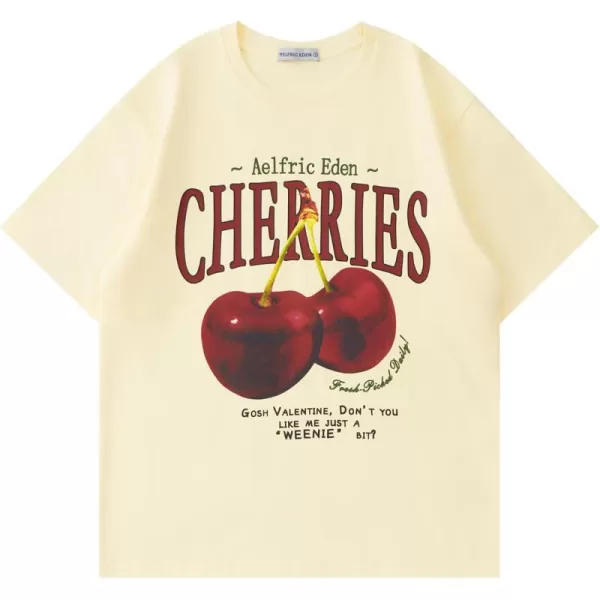 Aelfric Eden Oversized Graphic Tees Unisex Cherries Print T Shirts Casual Summer Short Sleeve Top Cotton Cute Tee ShirtApricot