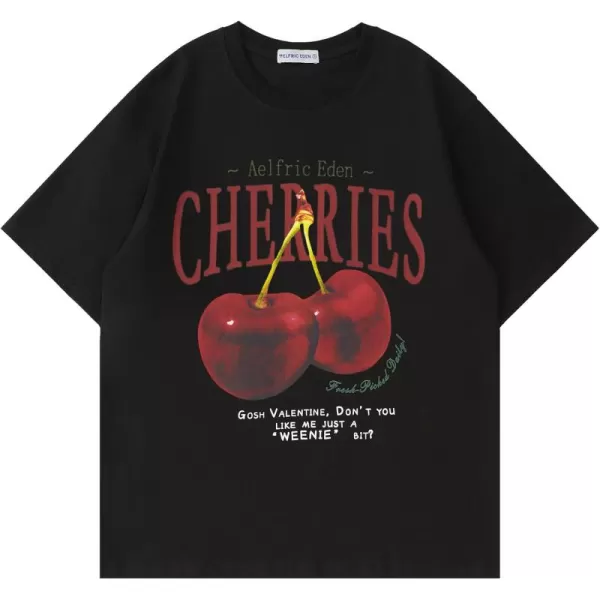 Aelfric Eden Oversized Graphic Tees Unisex Cherries Print T Shirts Casual Summer Short Sleeve Top Cotton Cute Tee ShirtBlack