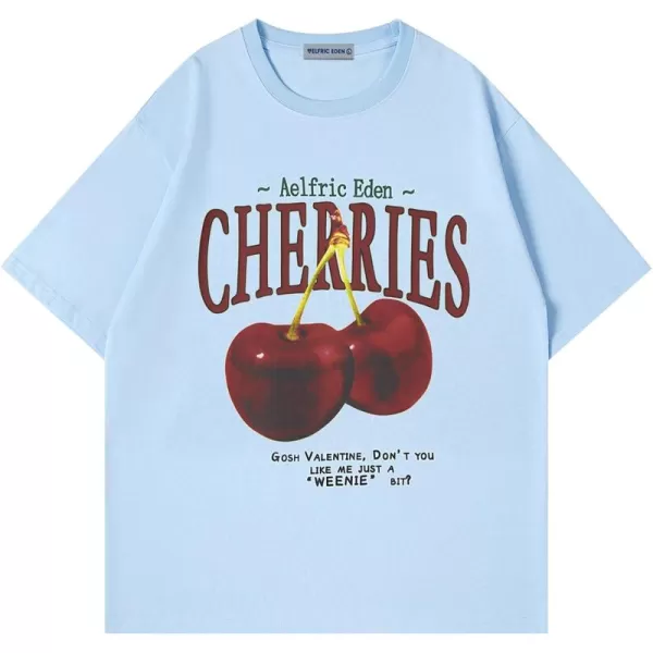 Aelfric Eden Oversized Graphic Tees Unisex Cherries Print T Shirts Casual Summer Short Sleeve Top Cotton Cute Tee ShirtBlue