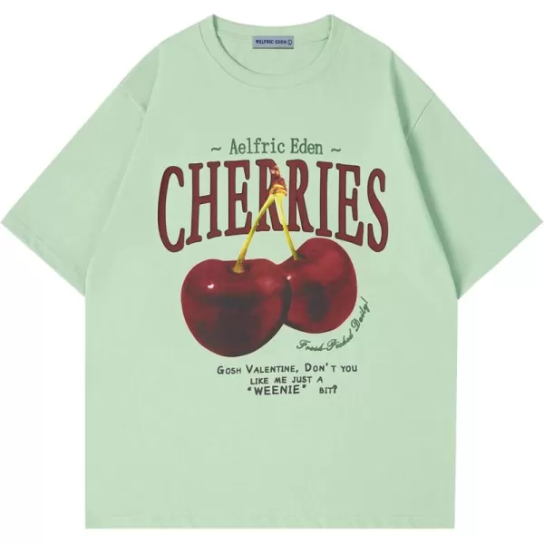 Aelfric Eden Oversized Graphic Tees Unisex Cherries Print T Shirts Casual Summer Short Sleeve Top Cotton Cute Tee ShirtGreen