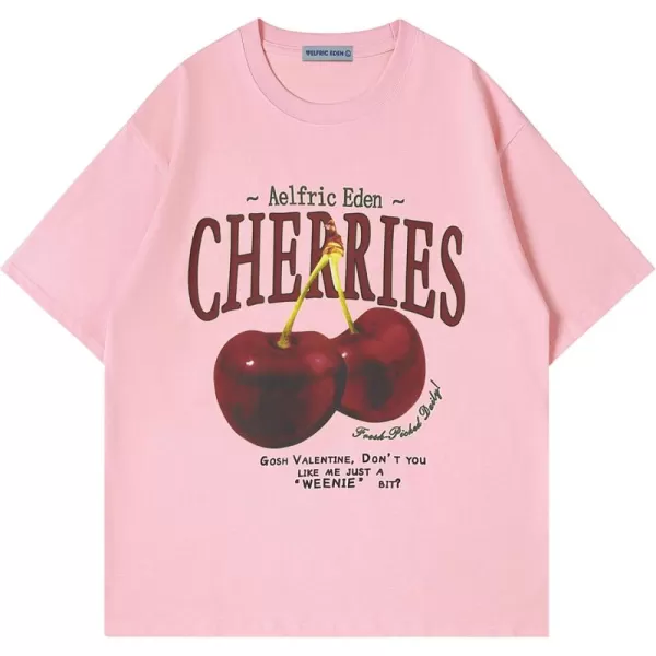 Aelfric Eden Oversized Graphic Tees Unisex Cherries Print T Shirts Casual Summer Short Sleeve Top Cotton Cute Tee ShirtPink