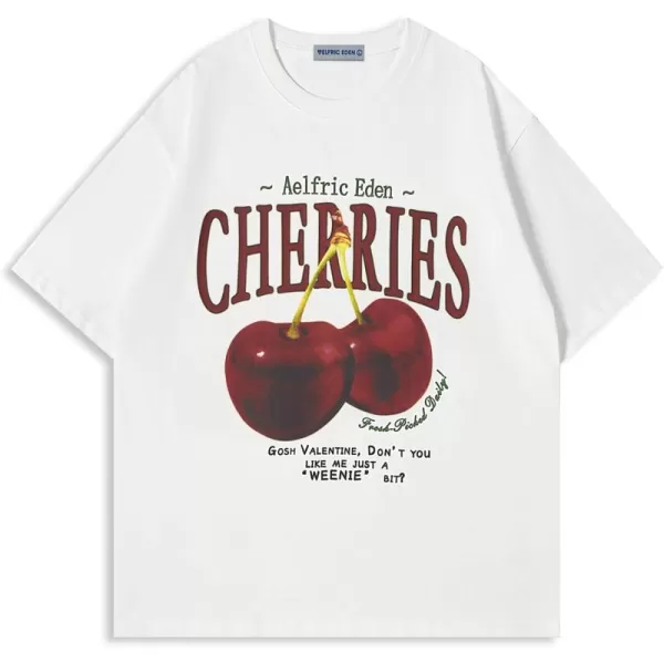 Aelfric Eden Oversized Graphic Tees Unisex Cherries Print T Shirts Casual Summer Short Sleeve Top Cotton Cute Tee ShirtWhite