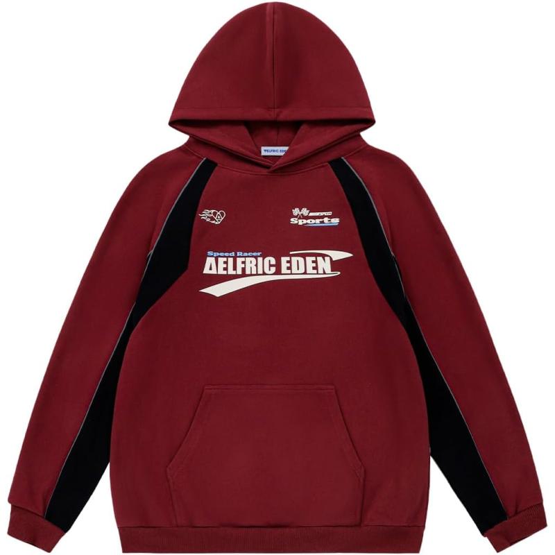 imageAelfric Eden Oversized Hoodie for Men Vintage Streetwear Graphic Long Sleeve Pullover Hoodies TopsRed
