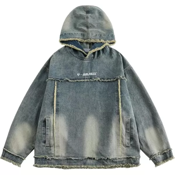 imageAelfric Eden Mens Denim Hoodie Oversized Fringe Patchwork Fashion Hooded Sweatshirts Jean Tops UnisexBlue