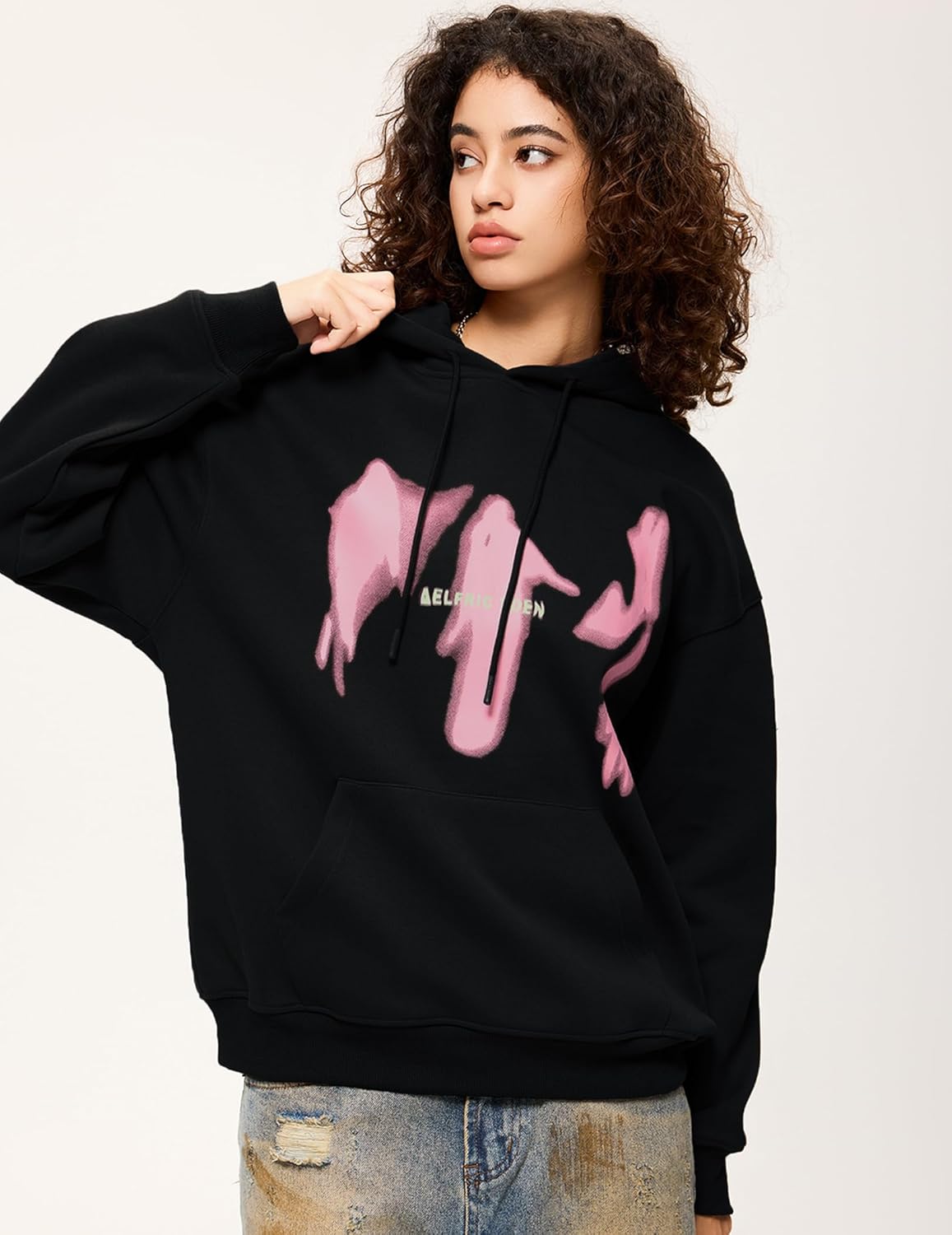 imageAelfric Eden Oversized Hoodies for Women Streetwear Vintage Baggy Shadow Print Hoodie Pullover with pocketBlack