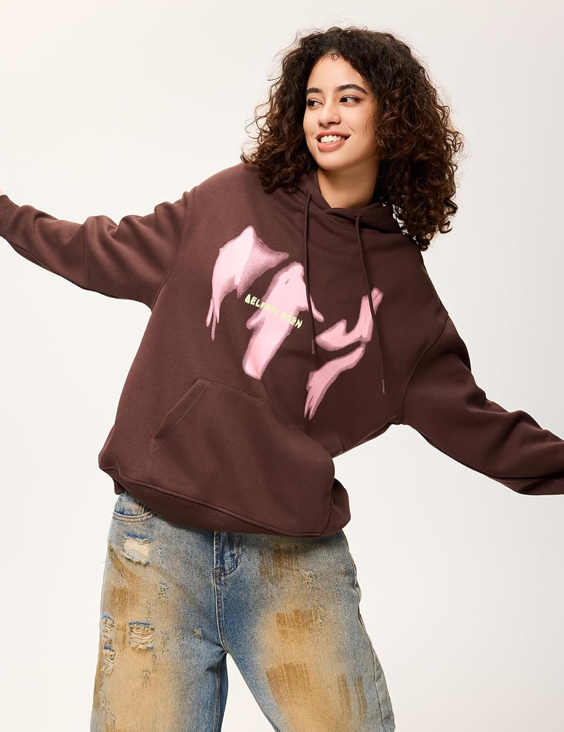 imageAelfric Eden Oversized Hoodies for Women Streetwear Vintage Baggy Shadow Print Hoodie Pullover with pocketBrown
