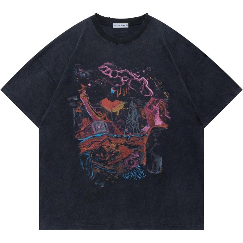 imageAelfric Eden Mens Graphic TShirts Oversized Tees Short Sleeve Vintage Washed Tshirt Unisex Streetwear Graffiti TopsBlack