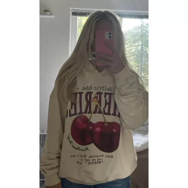 imageAelfric Eden Cherries Graphic Hoodie Cartoon Character Print Streetwear Casual hoodies y2k Hooded SweatshirtZ03apricot