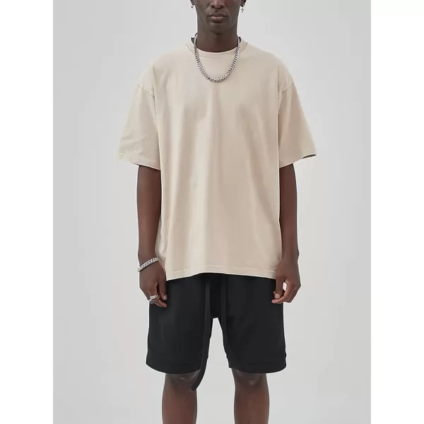 imageAelfric Eden Mens Oversized Vintage T Shirts Acid Wash Cotton Solid Tee Shirt Drop Shoulder Streetwear Basic Tees TopsAbeige