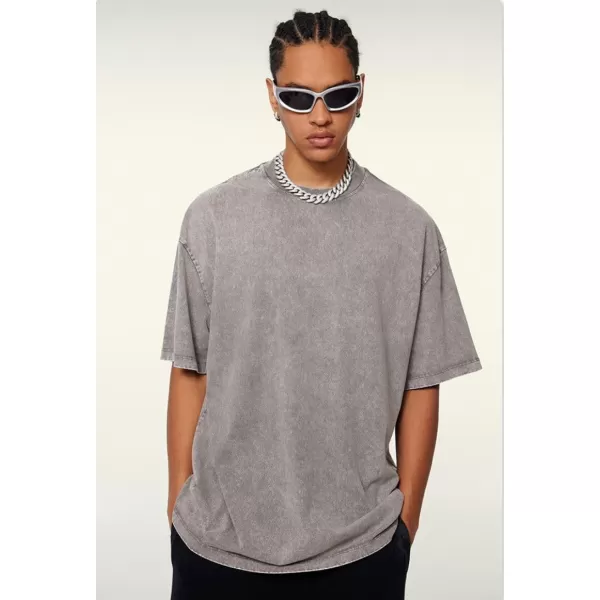 imageAelfric Eden Mens Oversized Vintage T Shirts Acid Wash Cotton Solid Tee Shirt Drop Shoulder Streetwear Basic Tees TopsAlight Grey
