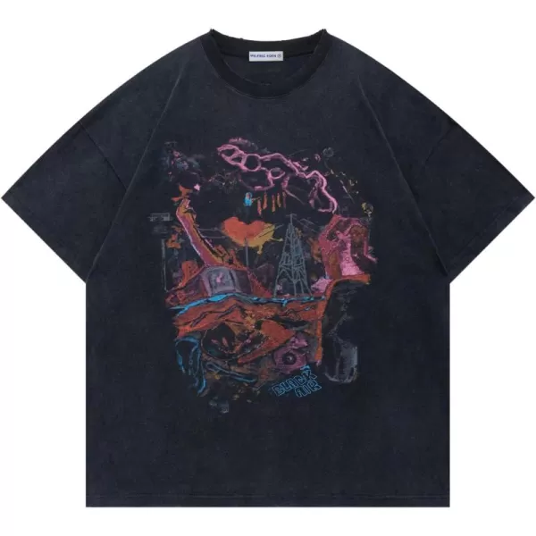 imageAelfric Eden Mens Graphic TShirts Oversized Tees Short Sleeve Vintage Washed Tshirt Unisex Streetwear Graffiti TopsBlack