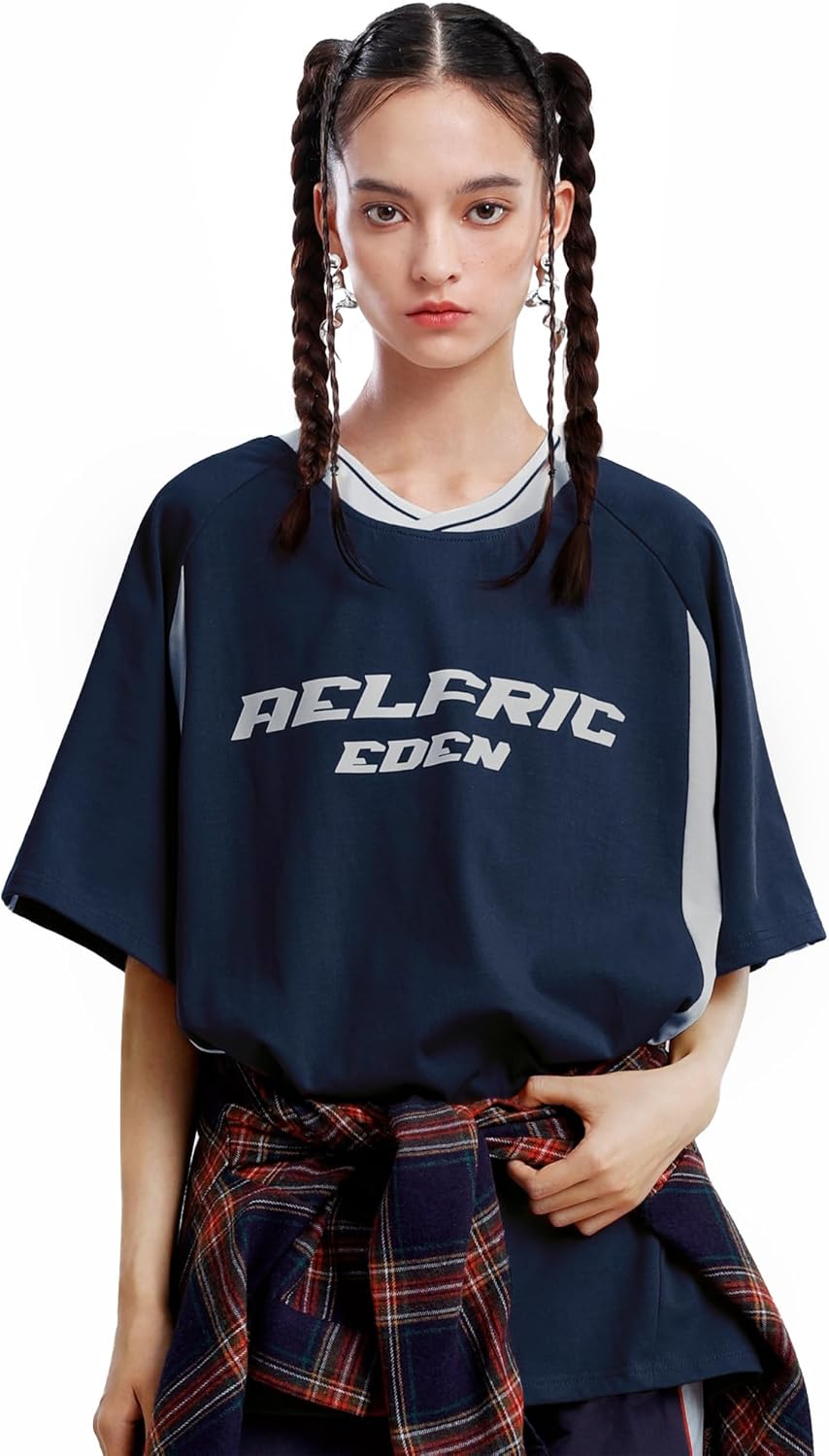 imageAelfric Eden Womens Oversized Tshirts Unisex Vintage Graphic Tees Arc Patchwork Cotton Summer Tops StreetwearNavy Blue