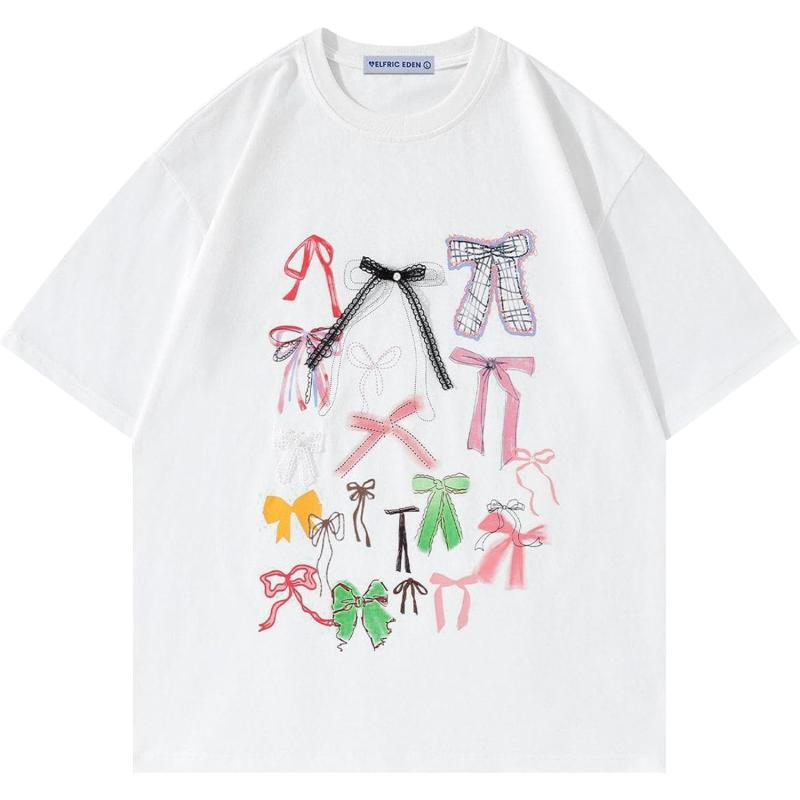 imageAelfric Eden Bow Shirt for Women Oversized Graphic Tees Y2K Cute Print Short Sleeve TShirt Casual Summer Cotton TopWhite