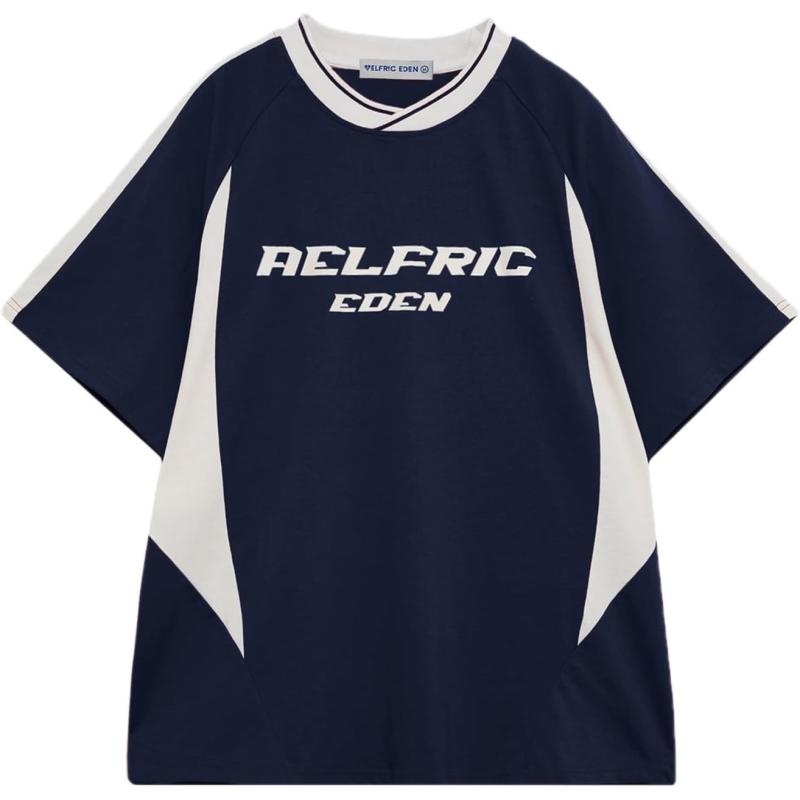 imageAelfric Eden Womens Oversized Tshirts Unisex Vintage Graphic Tees Arc Patchwork Cotton Summer Tops StreetwearNavy Blue