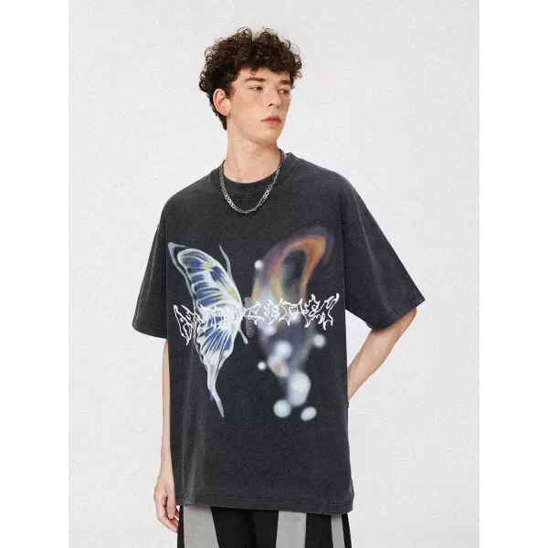 imageAelfric Eden Mens Graphic Tees Y2k Butterfly Print Oversized T Shirts Washed Vintage Streetwear Shirt Casual TopsBlack