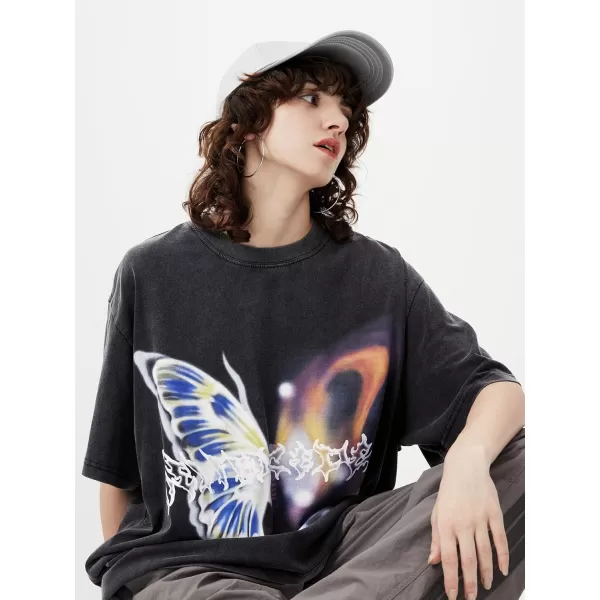 imageAelfric Eden Mens Graphic Tees Y2k Butterfly Print Oversized T Shirts Washed Vintage Streetwear Shirt Casual TopsBlack