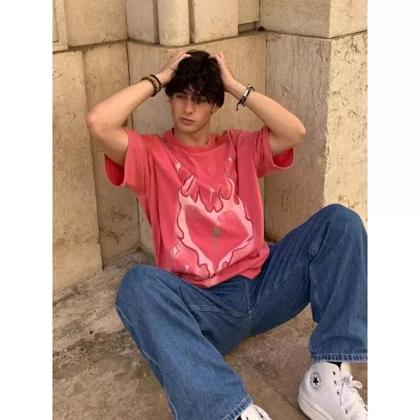 imageAelfric Eden Mens Oversized T Shirts Tees Distorted Portrait Print Crew Neck Cotton Tops Streetwear Casual Shirt1511pink